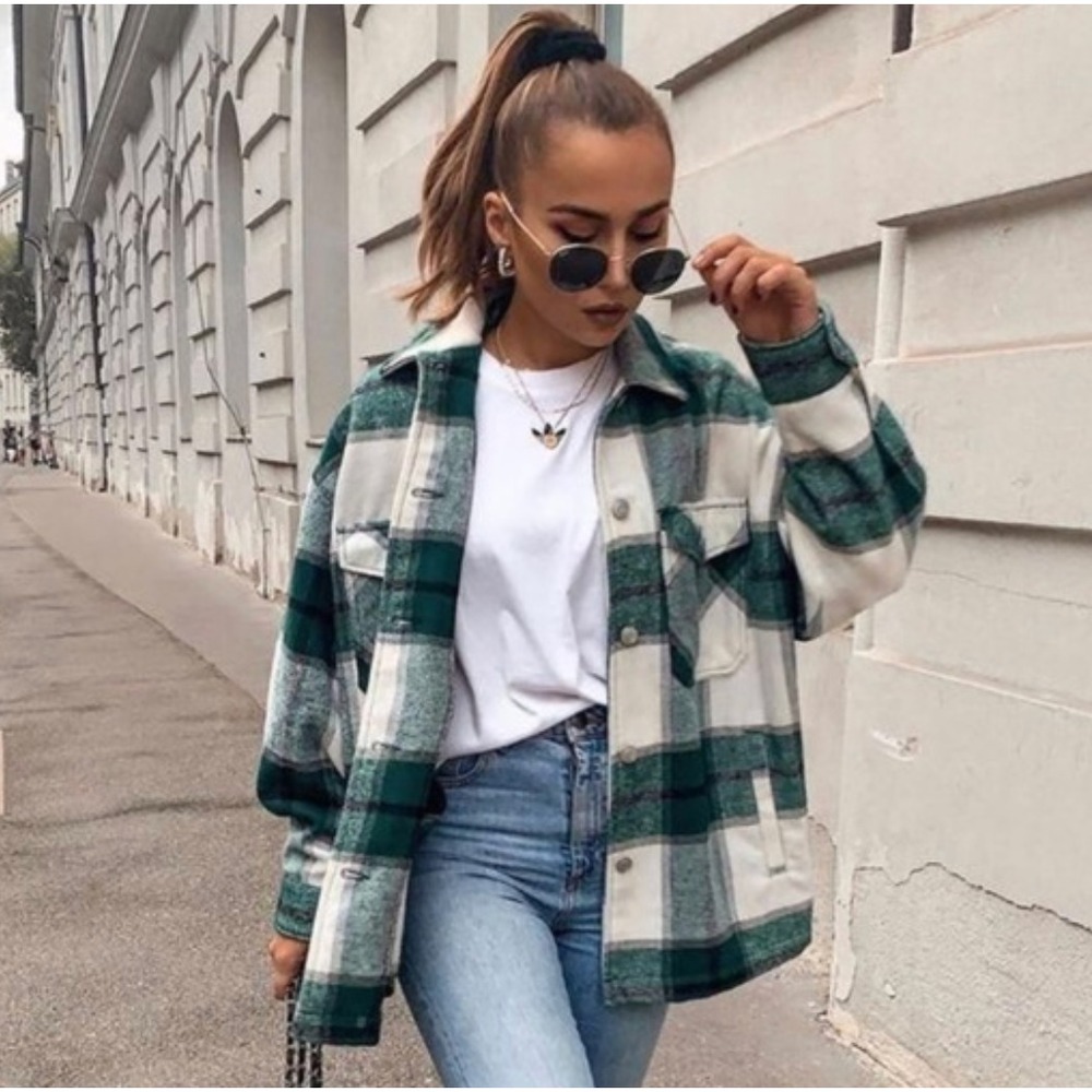 Avec Les Filles Green Plaid Flannel Shacket Shirt‎ Jacket Women Small S Pockets